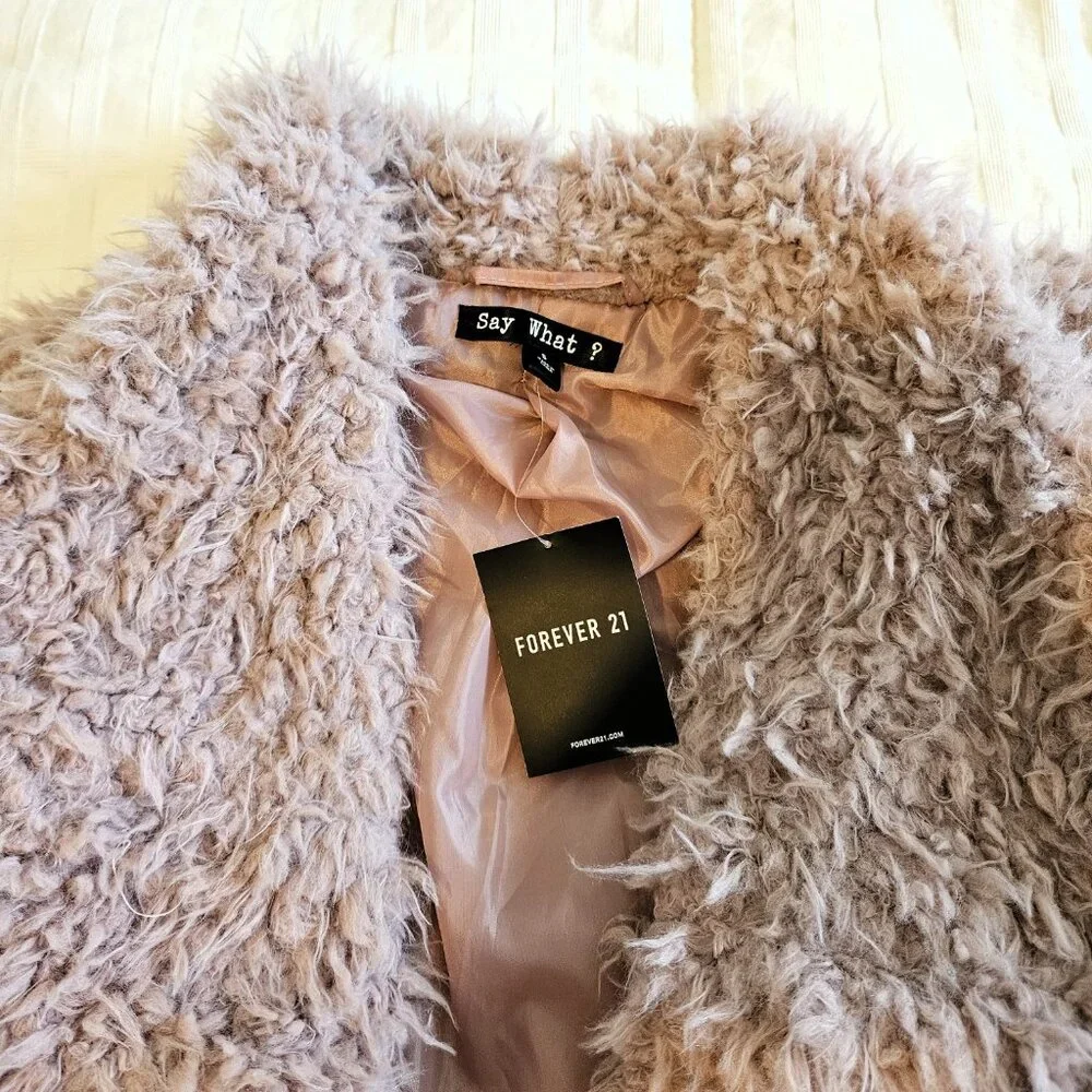 Forever 21 "Say What" Pink Faux Fur Shaggy Jacket - Size Small - Picture 7 of 10